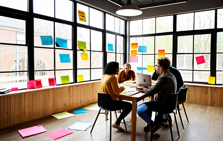 **
A brightly lit, modern co-working space filled with diverse individuals brainstorming around a large table covered in colorful sticky notes and mind maps. Laptops, art supplies, and inspiring objects are scattered around. The atmosphere is energetic and collaborative, with natural light streaming through large windows. The scene emphasizes the "Cultivating an Environment Fertile for Creativity" section, showcasing the power of the physical space and interpersonal relationships.
**