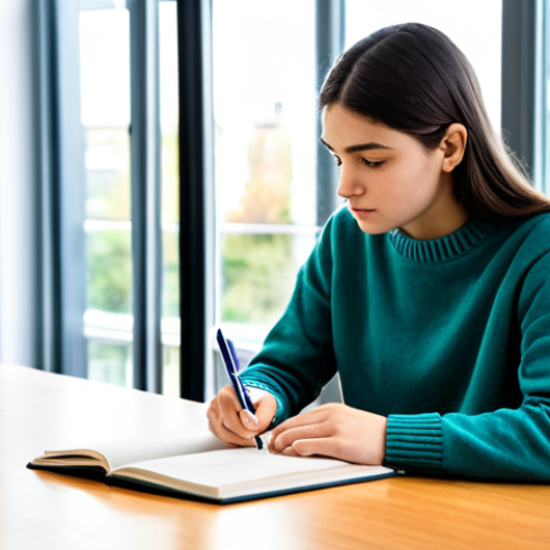A focused university student, gender-neutral, wearing modest, comfortable yet professional attire like a well-fitting sweater and slacks, sitting at a clean, organized desk. An open notebook and a pen are in front, with a small, unobtrusive timer on the side, indicating a Pomodoro technique session. The student looks thoughtfully at the study materials. The environment is a bright, modern university library or study room, with blurred bookshelves in the background and soft natural light streaming through a window. The atmosphere is calm and conducive to learning, perfect anatomy, correct proportions, natural pose, well-formed hands, proper finger count, natural body proportions, professional photography, high resolution, detailed, realistic, safe for work, appropriate content, fully clothed, family-friendly.