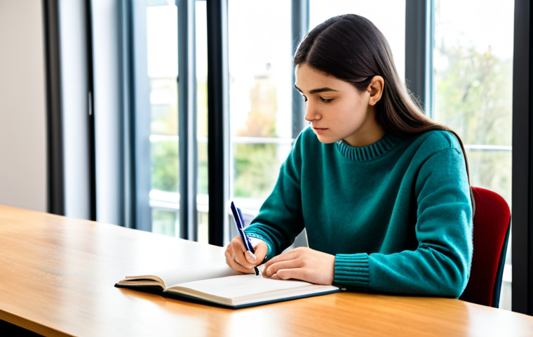 A focused university student, gender-neutral, wearing modest, comfortable yet professional attire like a well-fitting sweater and slacks, sitting at a clean, organized desk. An open notebook and a pen are in front, with a small, unobtrusive timer on the side, indicating a Pomodoro technique session. The student looks thoughtfully at the study materials. The environment is a bright, modern university library or study room, with blurred bookshelves in the background and soft natural light streaming through a window. The atmosphere is calm and conducive to learning, perfect anatomy, correct proportions, natural pose, well-formed hands, proper finger count, natural body proportions, professional photography, high resolution, detailed, realistic, safe for work, appropriate content, fully clothed, family-friendly.