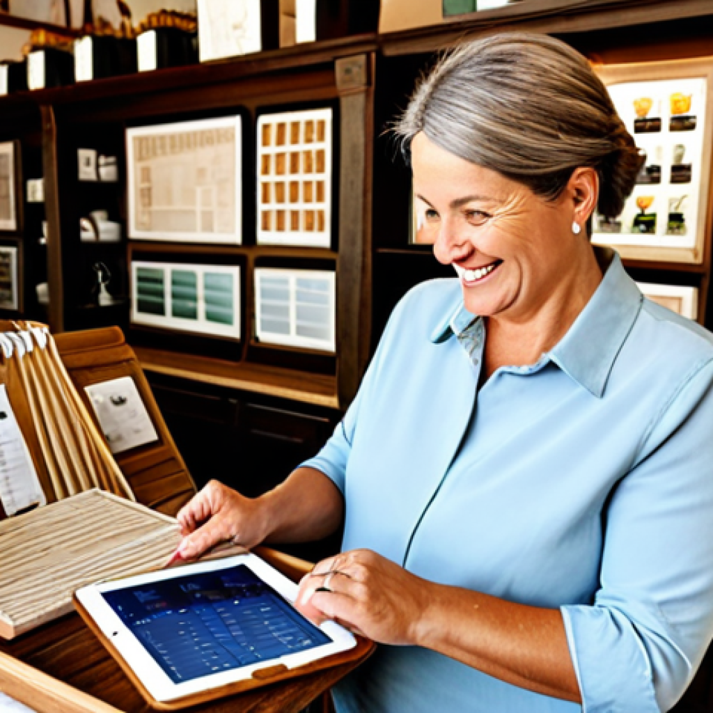 **Digital Marketing Success:** A small, family-owned artisan shop, fully stocked with handcrafted goods, bathed in warm, inviting light. The owner, a woman in her 40s, is smiling as she looks at a tablet displaying soaring sales charts. Appropriate attire, professional setting. Safe for work, perfect anatomy, natural proportions, high quality, professional photography.