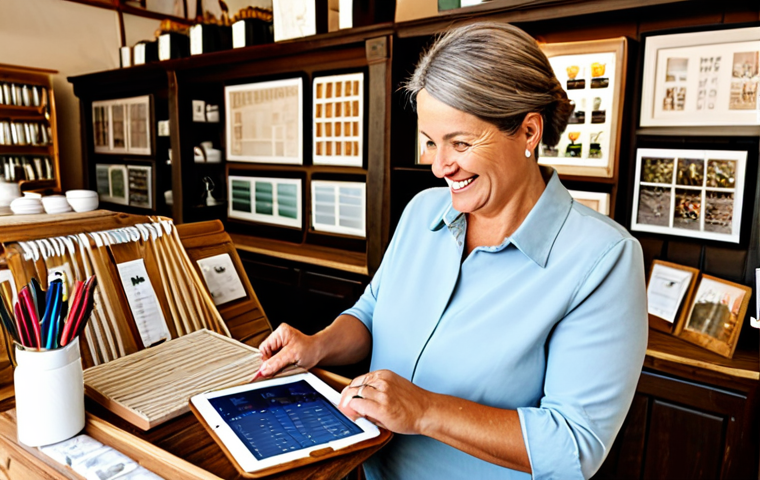 **Digital Marketing Success:** A small, family-owned artisan shop, fully stocked with handcrafted goods, bathed in warm, inviting light. The owner, a woman in her 40s, is smiling as she looks at a tablet displaying soaring sales charts. Appropriate attire, professional setting. Safe for work, perfect anatomy, natural proportions, high quality, professional photography.
