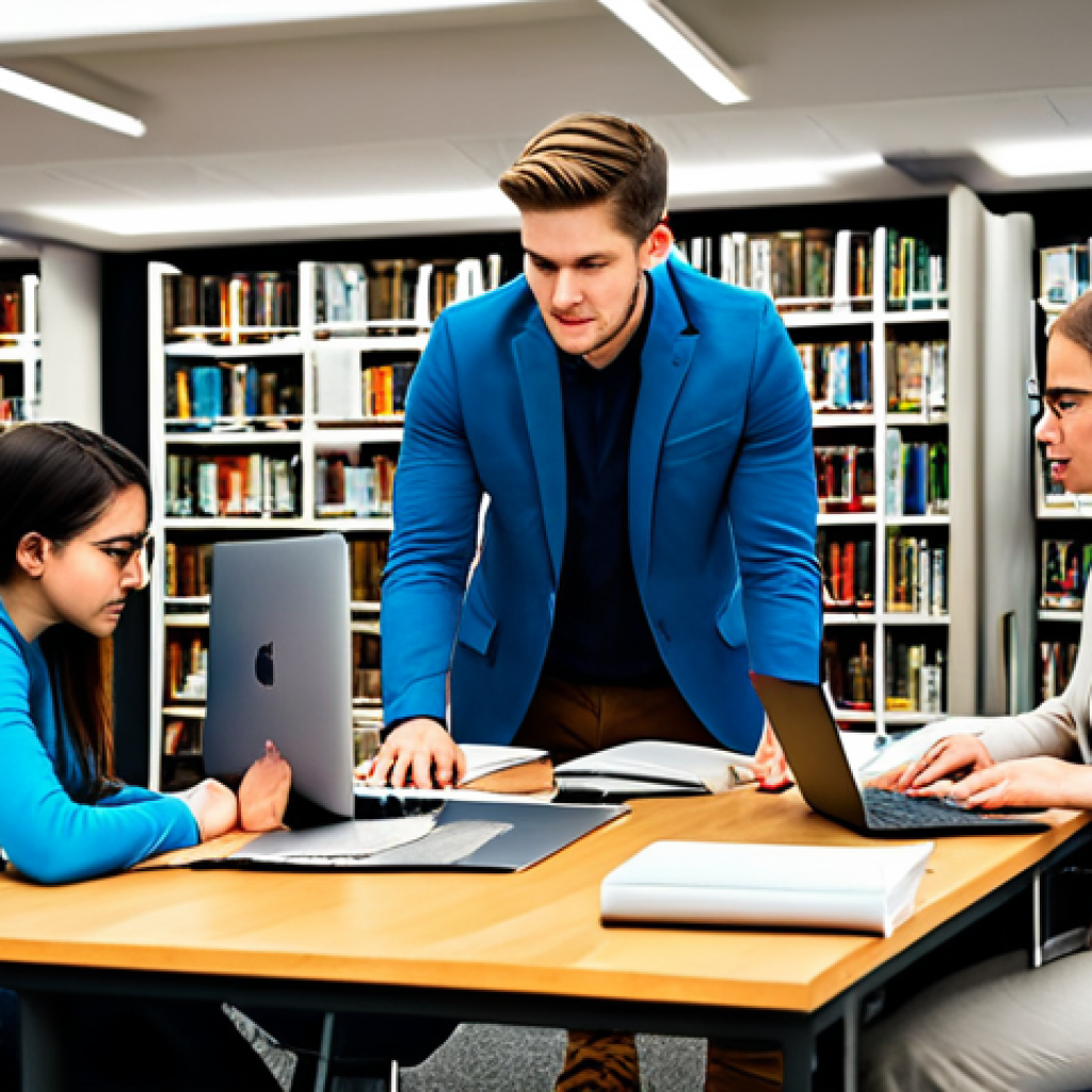 **Prompt:** A diverse group of fully clothed students collaborating on a project in a modern library, surrounded by books and laptops, appropriate attire, perfect anatomy, correct proportions, natural pose, family-friendly, professional setting, safe for work, appropriate content, high quality.