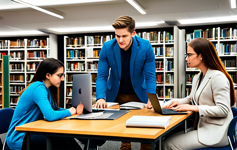 **Prompt:** A diverse group of fully clothed students collaborating on a project in a modern library, surrounded by books and laptops, appropriate attire, perfect anatomy, correct proportions, natural pose, family-friendly, professional setting, safe for work, appropriate content, high quality.