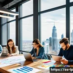 Home 16 지식 활용의 중요성과 이점 - A modern creative workspace with a diverse group of professionals collaborating around a large table...