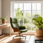 Home 21 배운 지식을 사용하여 생활 습관 개선 - A bright and cozy home office corner designed for mindful breaks, featuring a comfortable ergonomic ...